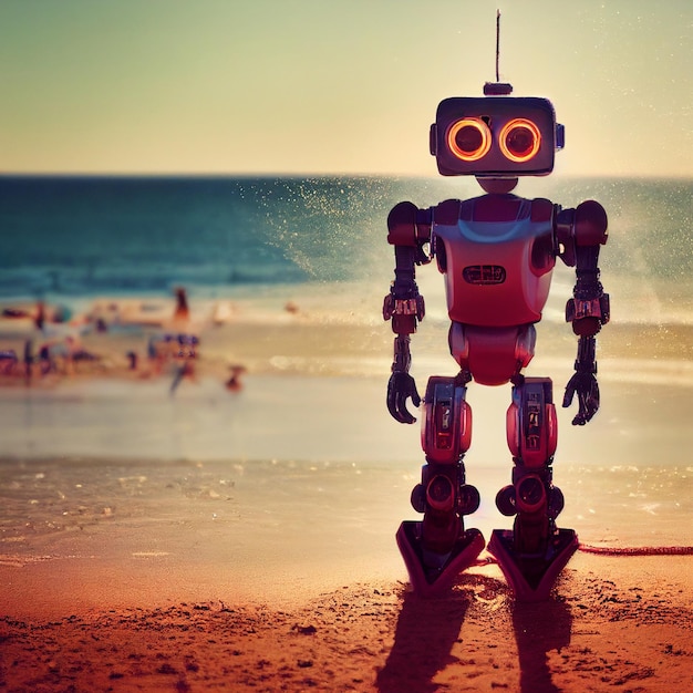 Cute robot on the beach Scifi illustration