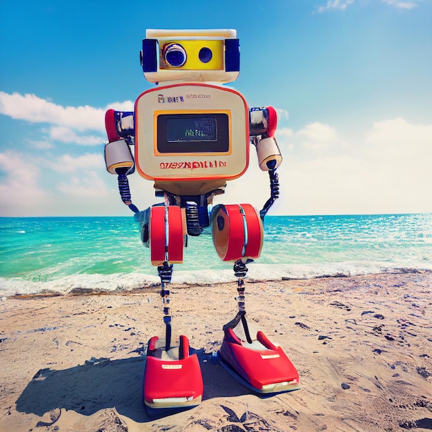 Cute robot on the beach Scifi illustration