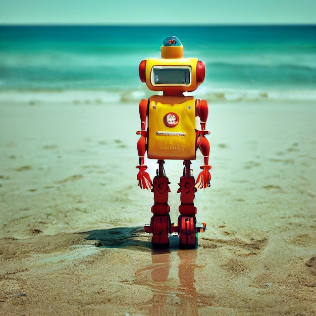 Cute robot on the beach Scifi illustration