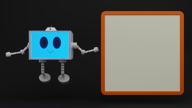 Simpatico robot e tela bianca su sfondo nero. illustrazione 3d, mock up.