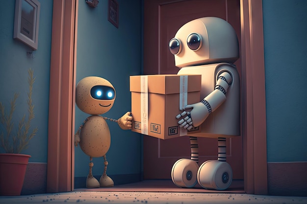 Cute robot delivering gift box to persons doorstep