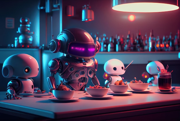 Cute robot eating food in the restaurant background Technology and food concept Generative AI