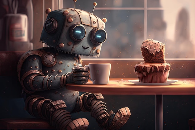 Cute robot enjoying coffee and muffin in a cozy cafe