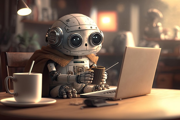 노트북과 제너레이티브 AI로 만든 책이 있는 아늑한 카페에서 커피 한 잔을 즐기는 귀여운 로봇