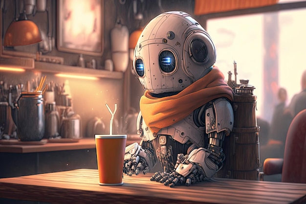 Cute robot enjoying a hot beverage and cozy atmosphere in trendy cafe