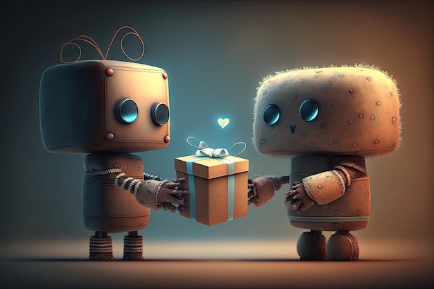 Cute robot giving present to other person with sweet and warm atmosphere