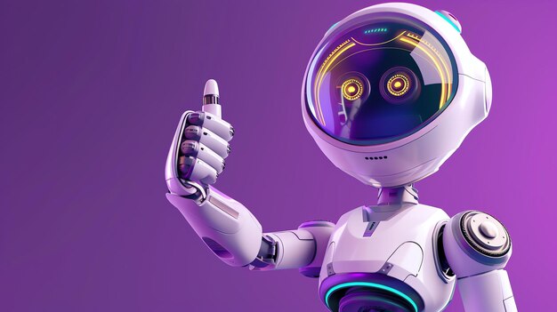 A cute robot giving a thumbs up The robot is white with a purple head and has a friendly expression on its face