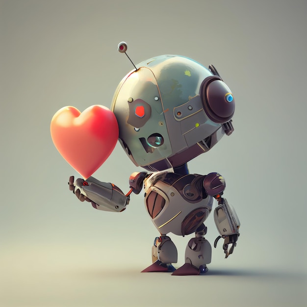 Симпатичный робот с красным сердцем на минимальном фоне Медицинские технологии и концепция Дня святого Валентина Цифровая художественная иллюстрация Генеративный ИИ