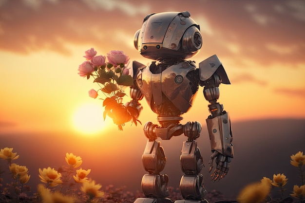 Cute robot holds bouquet of flowers and looks out at the sunset