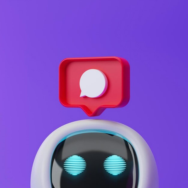 Cute robot looking up with message icon on a red pin overhead isolated over purple background technology concept 3d rendering