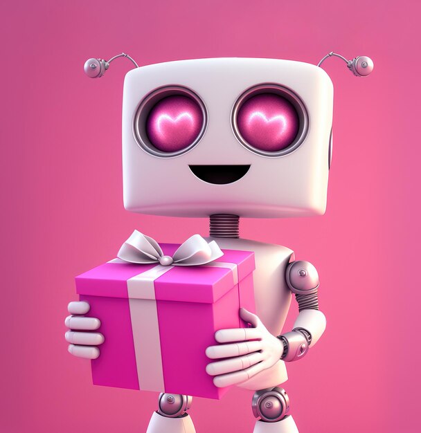 Simpatico robot innamorato che tiene in mano una confezione regalo di san valentino sopra il rosa