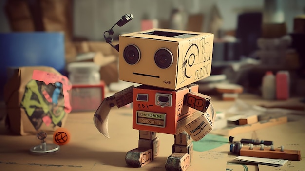 A cute Robot made out of cardboard boxes engineering blueprints infograph retro illustration