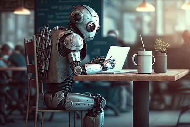 Cute robot in modern cafe using laptop to study or write a paper