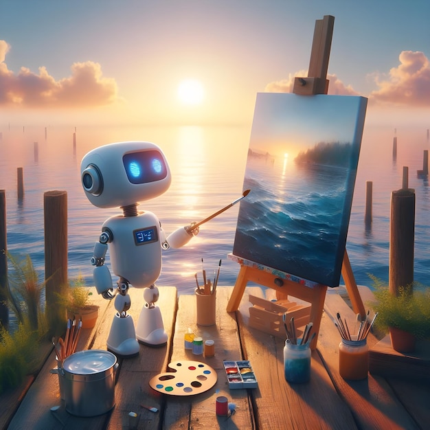 写真 朝に海辺でキャンバスを描く可愛いロボット