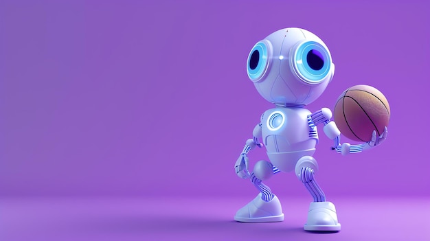 Cute robot playing basketball on a purple background The robot is white and has blue eyes It is wearing a white jersey and blue sneakers