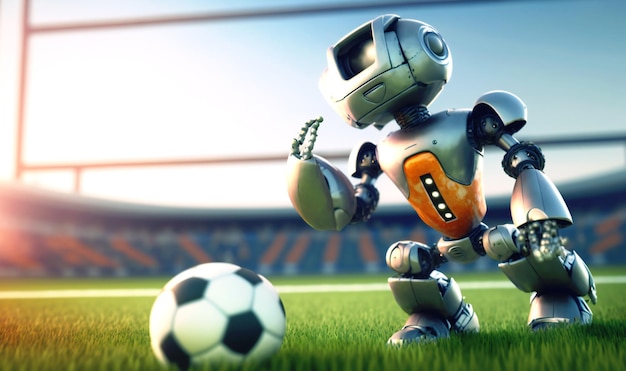 A cute robot playing football in the game field