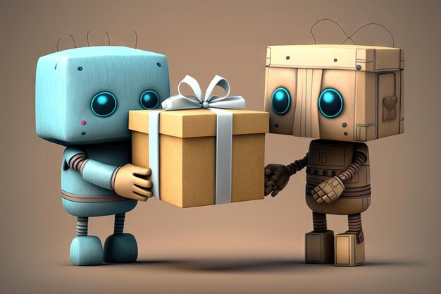 Cute robot presenting gift to friend with a bow on top of the box