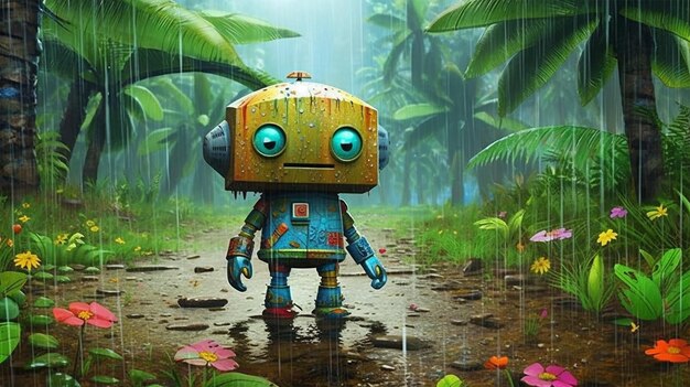 Cute robot in the rainforest Ai generated