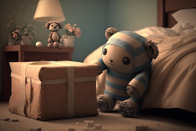 Cute robot sneaks into someones room leaving gift box on the bed