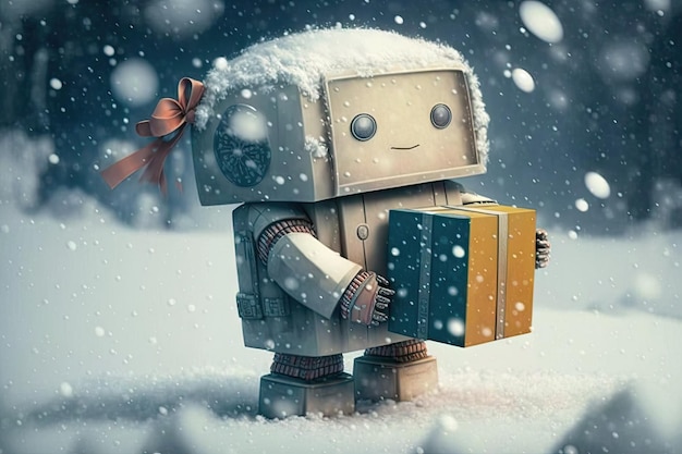 Cute robot on snowy day with gift box and snowflakes in the background created with generative ai