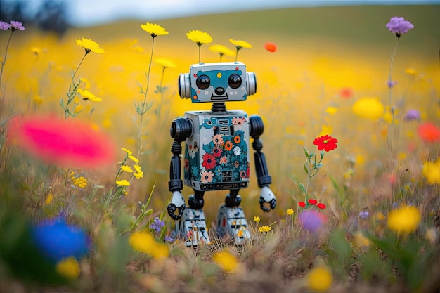 カラフルな背景を持つ野生の花畑に立つかわいいロボット