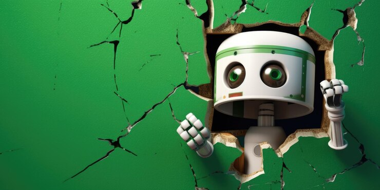 Photo cute robot toy peeking out of a hole in wall torn hole empty copy space frame mockup generative ai image weber