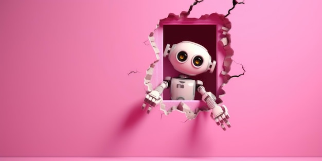 Симпатичная игрушка-робот, выглядывающая из дыры в стене. Разорванная дыра. Макет пустой рамки для копирования. Генеративное изображение AI Вебер.