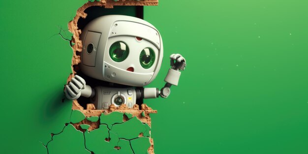 벽 찢어진 구멍 빈 복사 공간 프레임 모형 생성 AI 이미지 웨버의 구멍에서 엿보는 귀여운 로봇 장난감