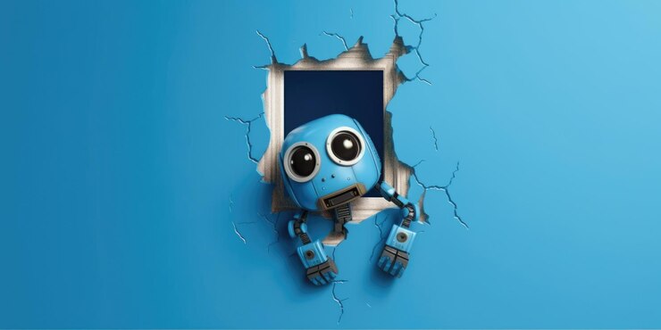 Photo cute robot toy peeking out of a hole in wall torn hole empty copy space frame mockup generative ai image weber