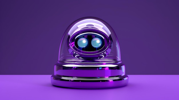 Милый робот-игрушка со стеклянным куполом, у него голубые глаза и фиолетовое тело, он сидит на фиолетовом столе, фон также фиолетовый.