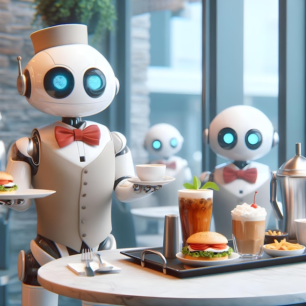 Cute robot waiter in restaurant 8k realistic