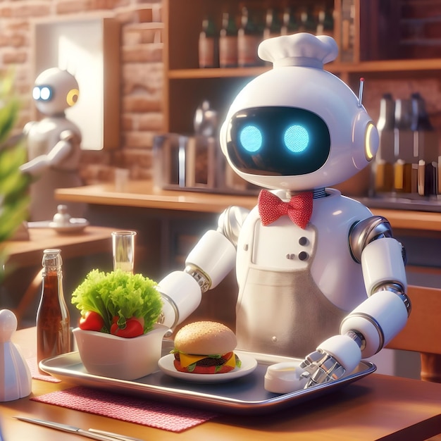 Cute robot waiter in restaurant 8k realistic