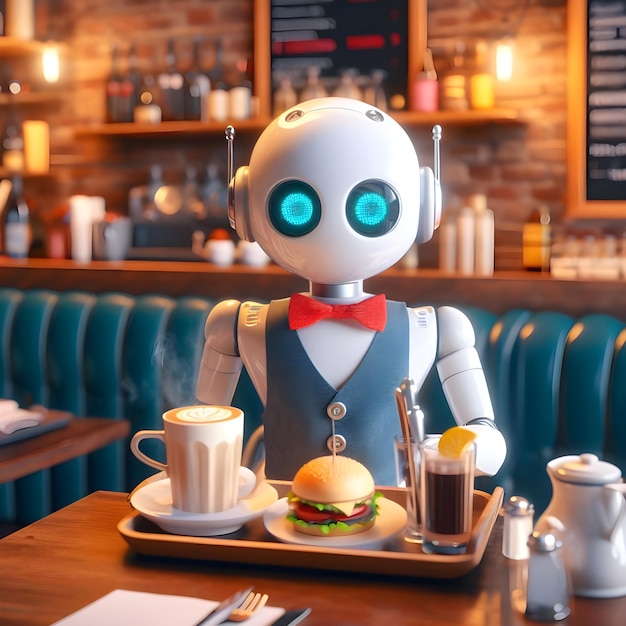 Cute robot waiter in restaurant 8k realistic