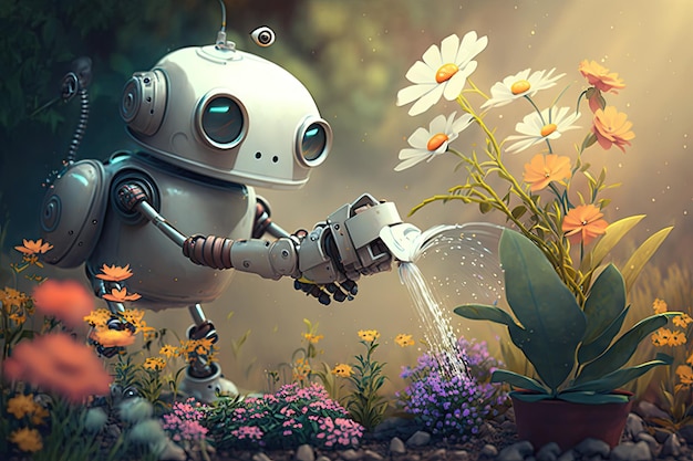 Foto simpatico robot che innaffia i fiori in giardino