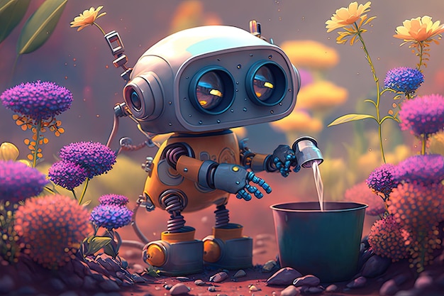 Cute robot watering plants in colorful garden