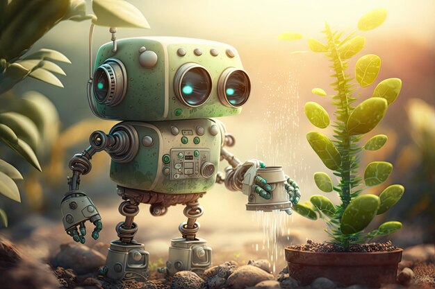 Cute robot watering plants in garden with sunny sky and green foliage visible