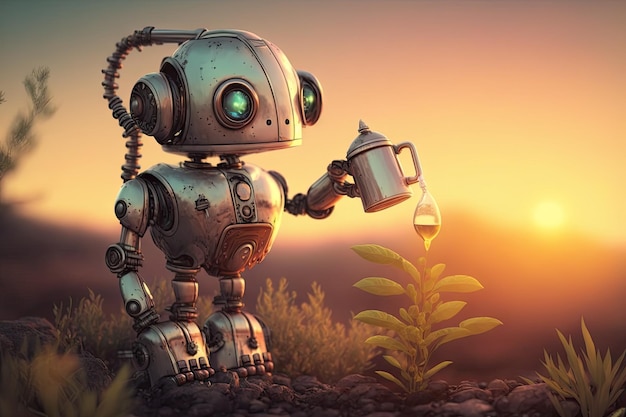 Милый робот поливает растения в саду с видом на закат