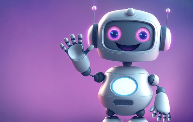 Cute robot waving hand with a smile over minimal background with