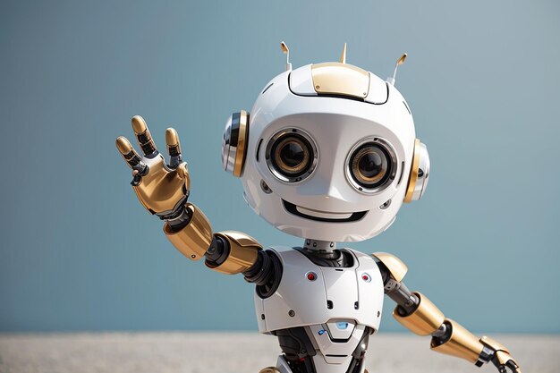 Cute robot waving hand with a smile over minimal background with