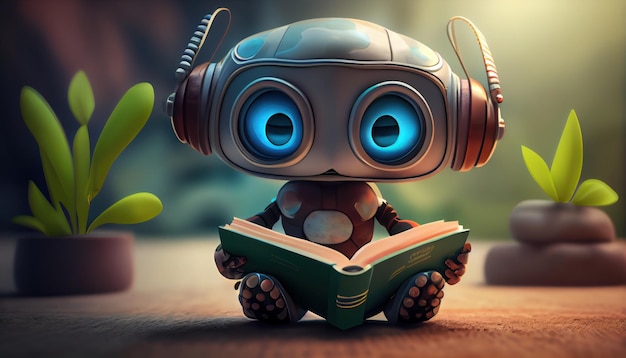 Cute robot with beautiful eyes reading a book cartoon AI generated illustration