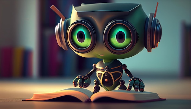 Cute robot with beautiful eyes reading a book cartoon AI generated illustration