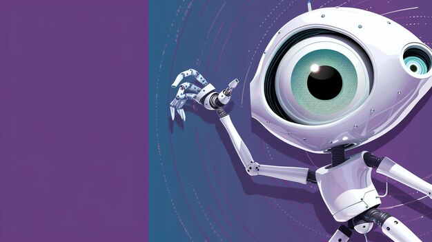 A cute robot with big eye is looking at you with a curious expression The robot has a metallic body and a friendly face