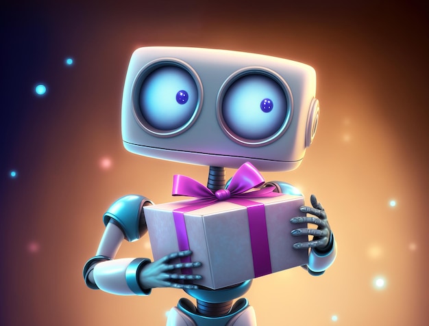 Cute robot with big eyes holds a gift box with pink ribbon over