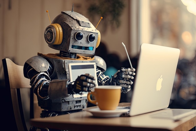 Cute robot with cup of coffee and laptop working on a report in cozy cafe