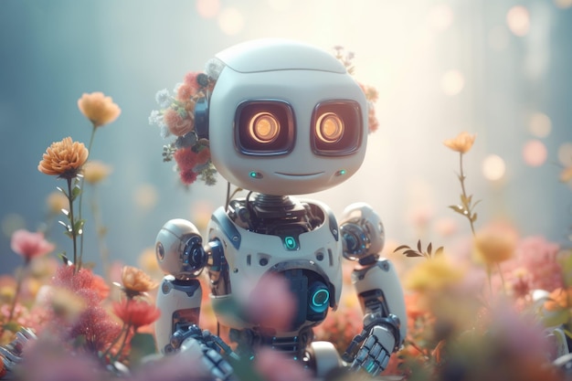 Photo cute robot with flowers generate ai