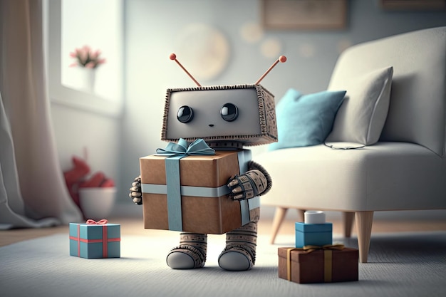 Cute robot with gift box and wrapped present on the table in living room