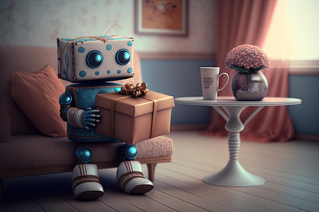 Cute robot with gift box and wrapped present on the table in living room