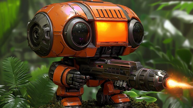 Photo cute robot with gun in jungle