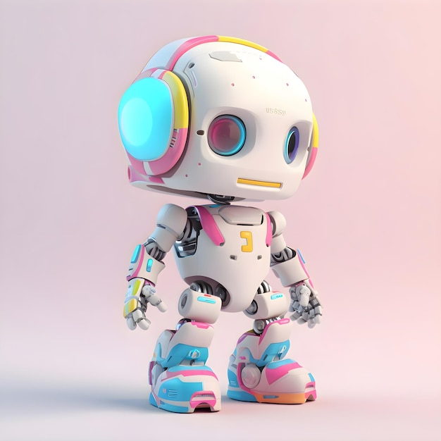 Cute robot with headphones 3D illustration Cartoon style