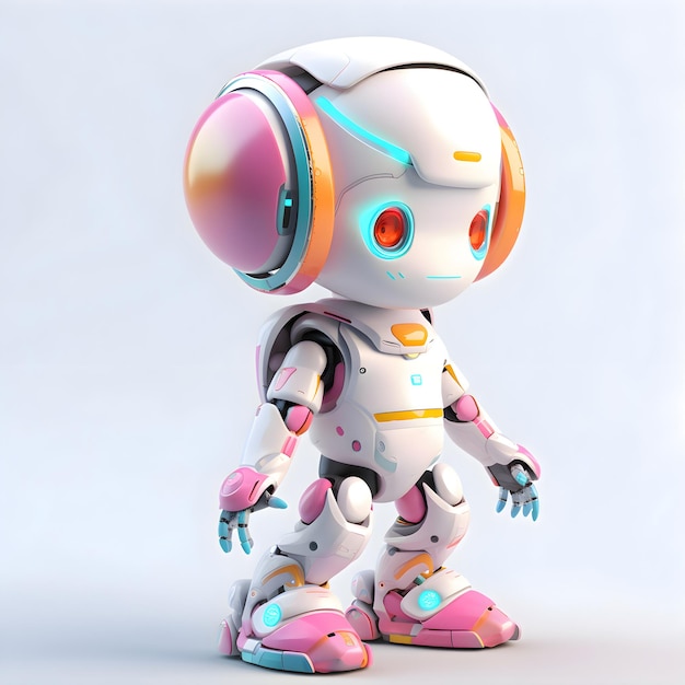 Cute robot with headphones 3D illustration White background